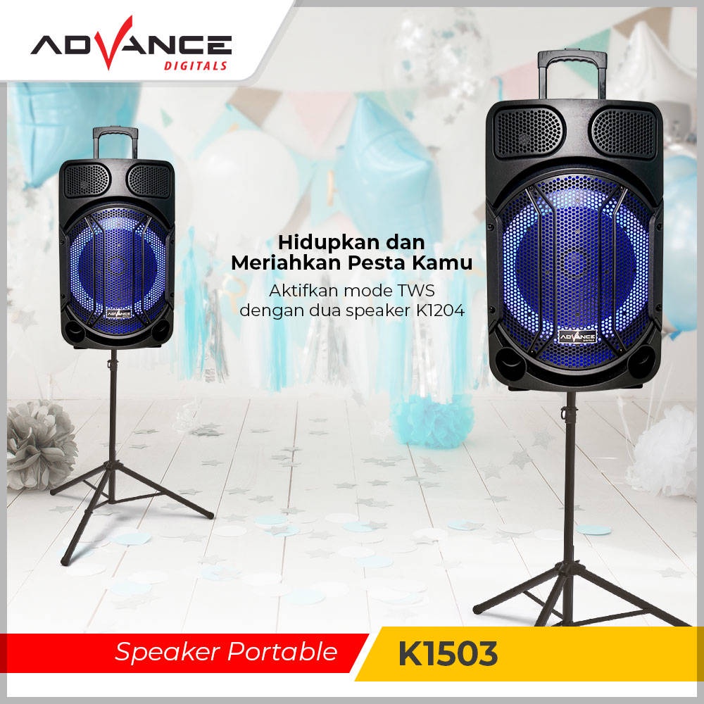 【READY STOCK】 Advance Roda / Tripod K1503 New Speaker Bluetooth Meeting 15 Inch Free 2 Mic Wireles With Led Light