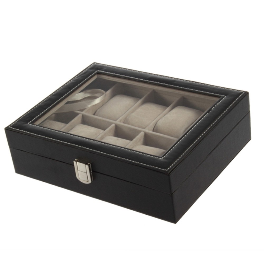 Kotak Jam Tangan Bahan Kulit Display Transparan Storage Box Organizer Jam Tangan dan Perhiasan Premium Tebal PU Leather