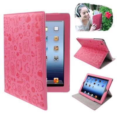 SS6307 - CUTE DOODLE LEATHER CASE IPAD 2 / 3 / 4 MAGENTA