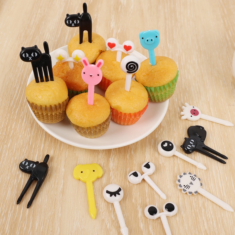6 / 10pcs / Set Garpu Buah / Dessert / Kue Bentuk Hewan Dinosaurus / Mata Kucing Hitam Ukuran 3-6CM Untuk Dekorasi Pesta
