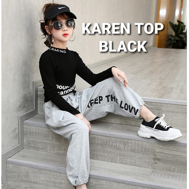 KAREN TOP BLACK / BAJU CASUAL ANAK PEREMPUAN / CROP TOP REMAJA KOREA IMPOR BLACK HIP HOP