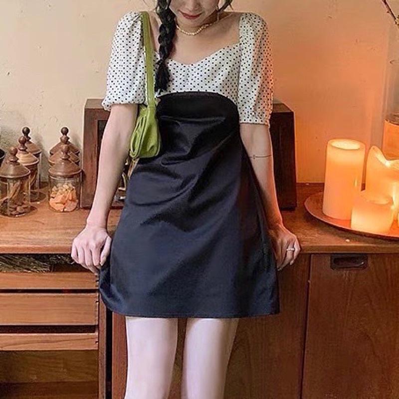 Black Beige Pattern Dress / Dress Korea Mini Hitam Lengan Pendek