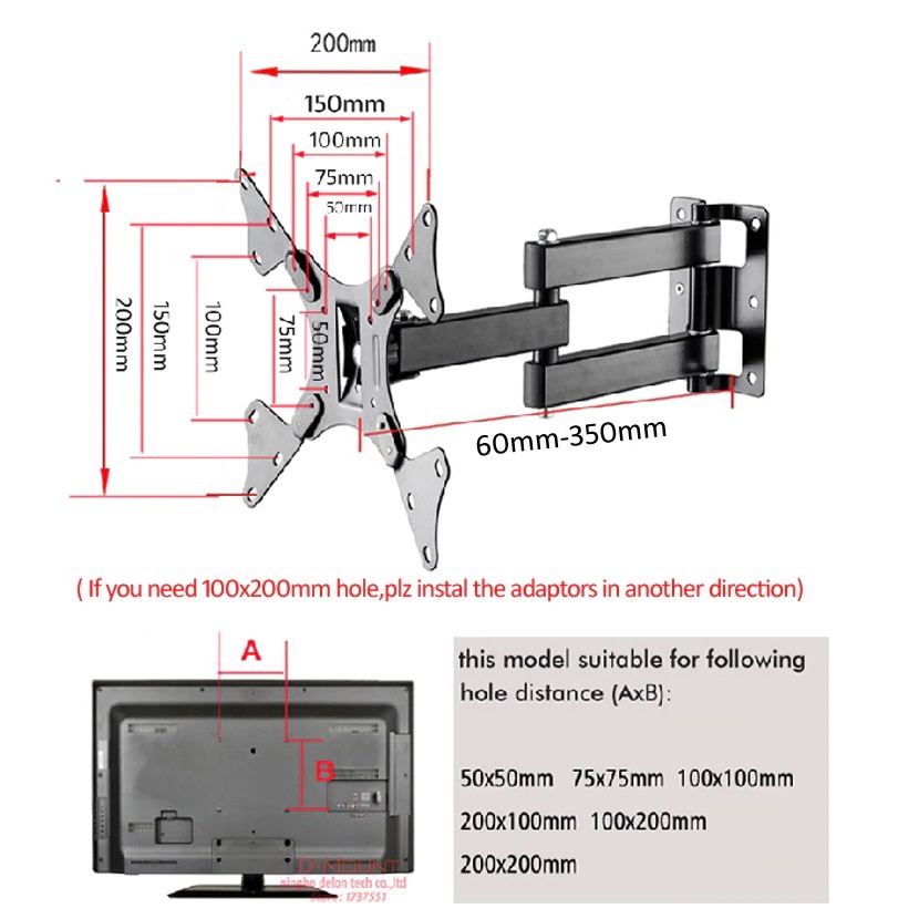 D-Mount Telescopic TV Bracket 100x100 200x200 Pitch for 12-37 Inch- LCD-123A - Black