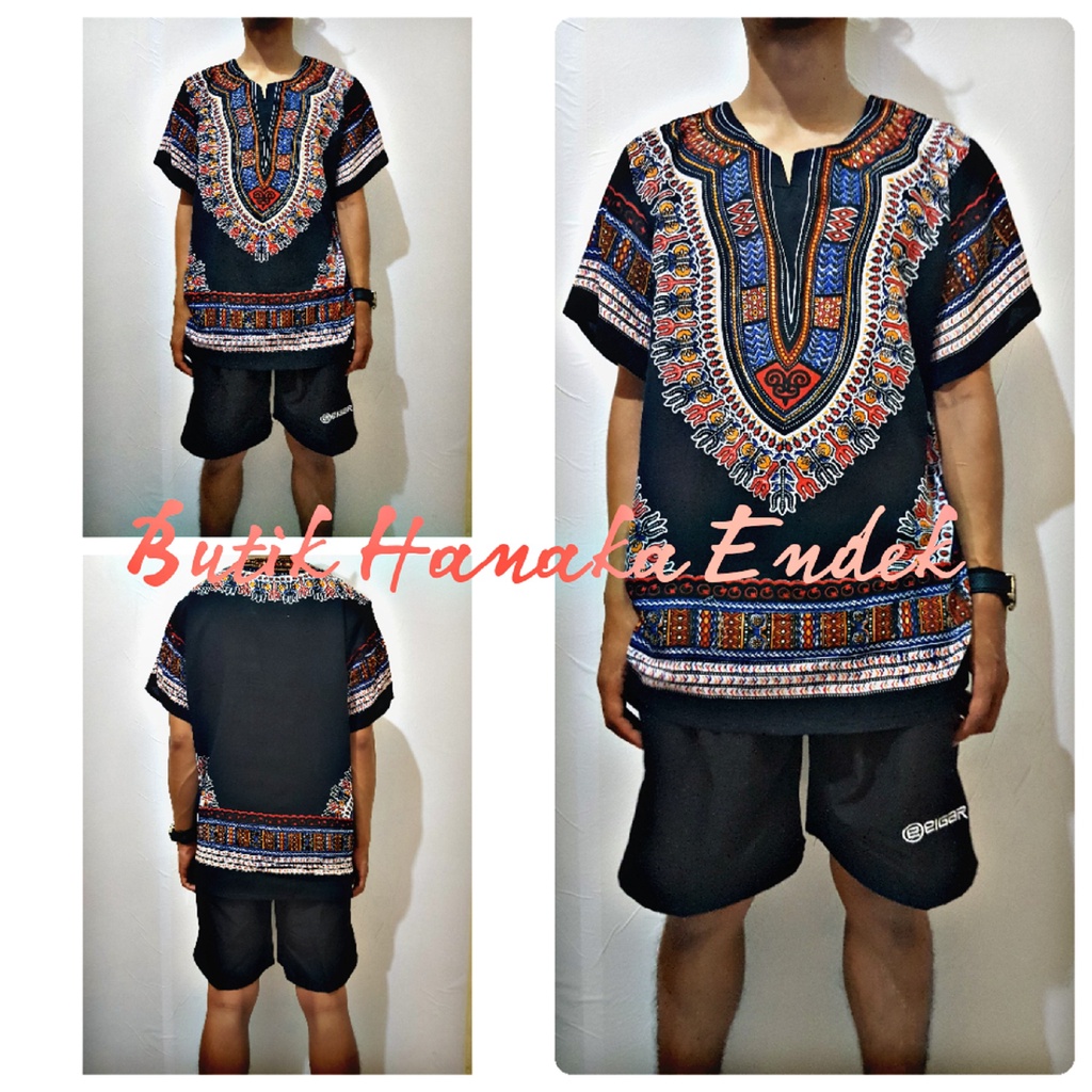 Baju dan Celana Pendek Setelan  Etnik Dashiki Hitam Pria/Wanita (Unisex)