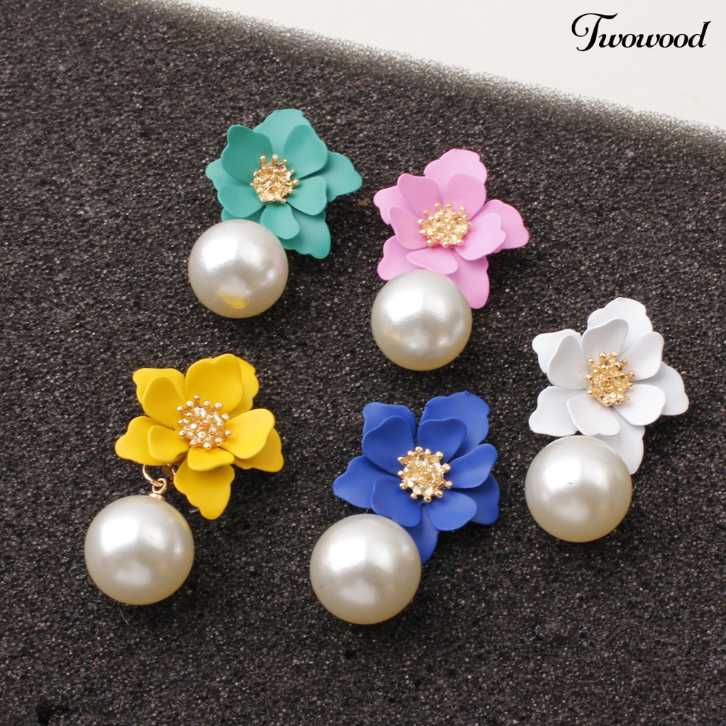 Twowood 1 Pair Big Flower Pendant Faux Pearl Women Earrings Alloy Piercing Sweet Drop Earrings Jewelry Accessory