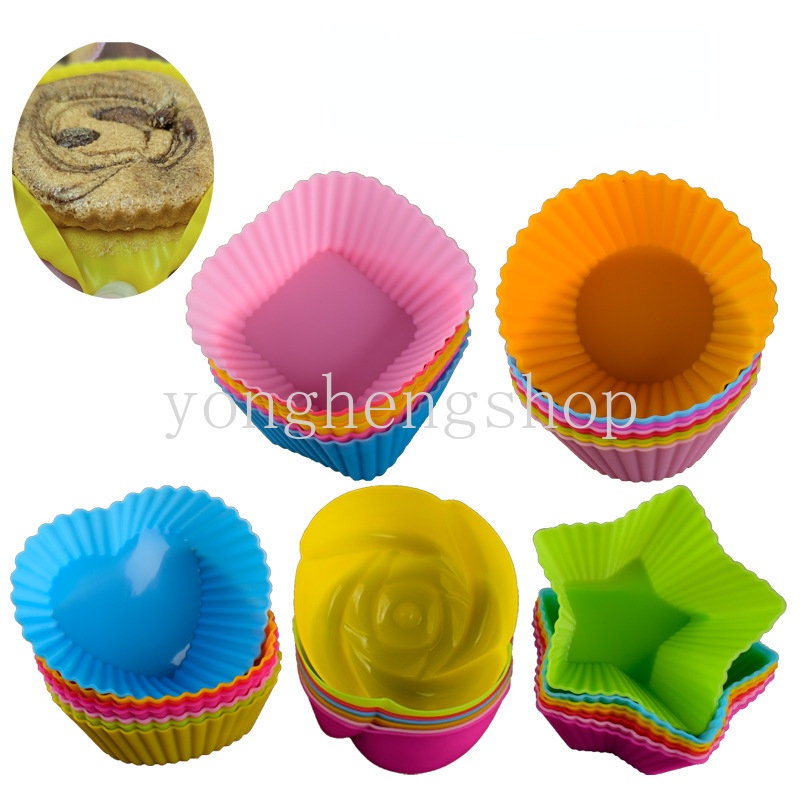 1 Pc Cetakan Cupcake Bentuk Hati Bintang Bunga Bulat Bahan Silikon Anti Lengket Reusable