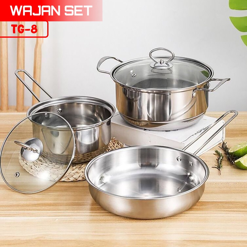 PROMO Panci Teflon Panci Masak Stainless Steel 1 Set Isi 3 Panci set tutup kaca wajan praktis-TERMURAH