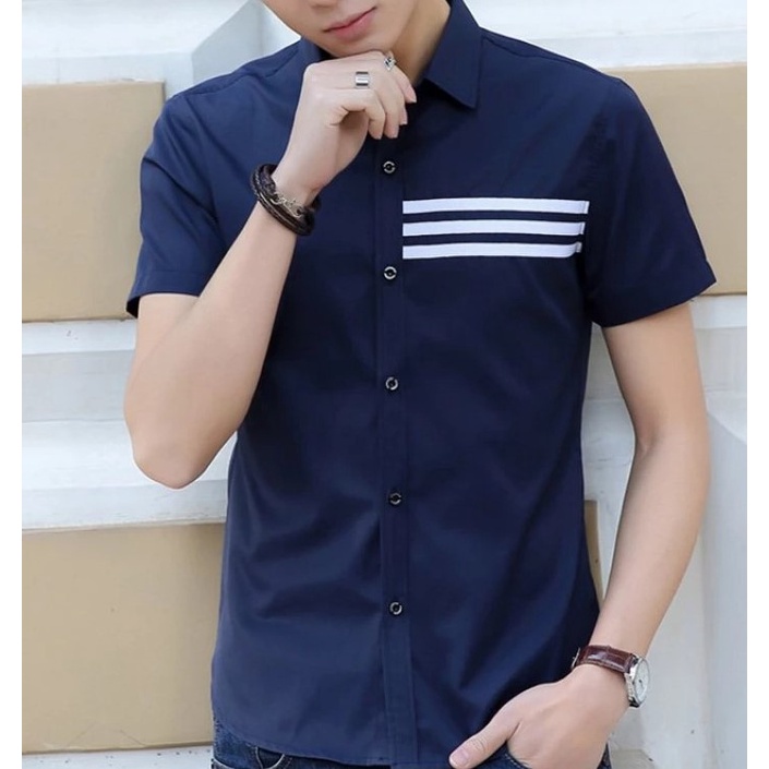 FortKlass Dony Navy kemeja polos pria lengan pandek slim fit cowok