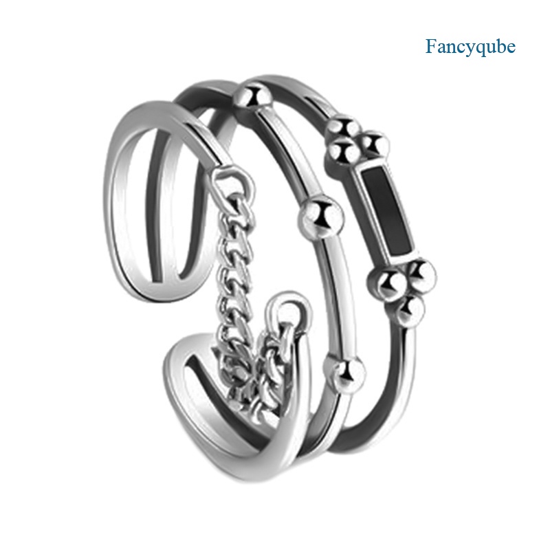 Fancyqube Cincin Rantai Multilayer Bentuk Persegi Panjang Warna Hitam Bahan Sterling Silver 925 Untuk Wanita