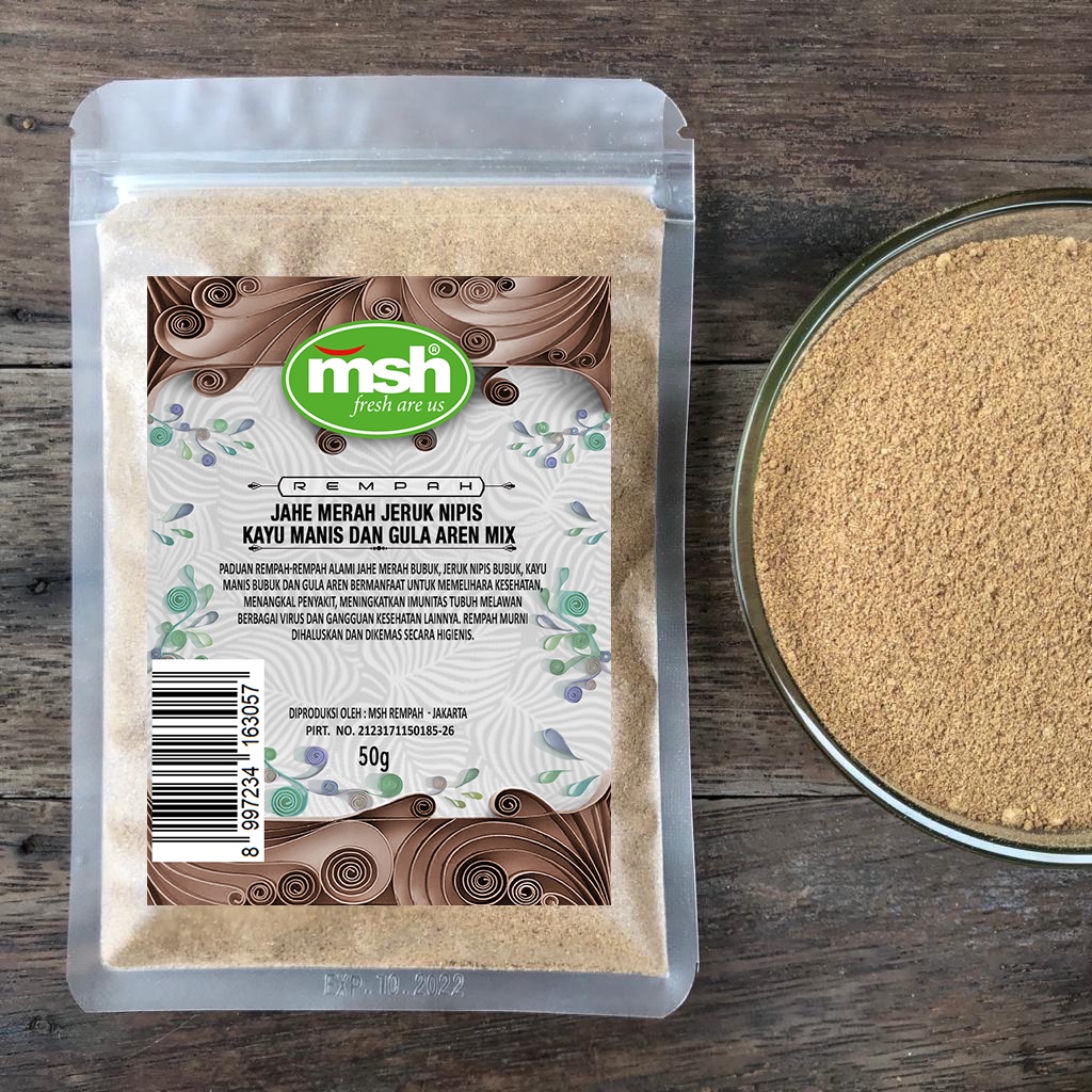 

Premium MSH Jahe Merah, Jeruk Nipis, Kayu Manis dan Gula Aren Mix 50 g