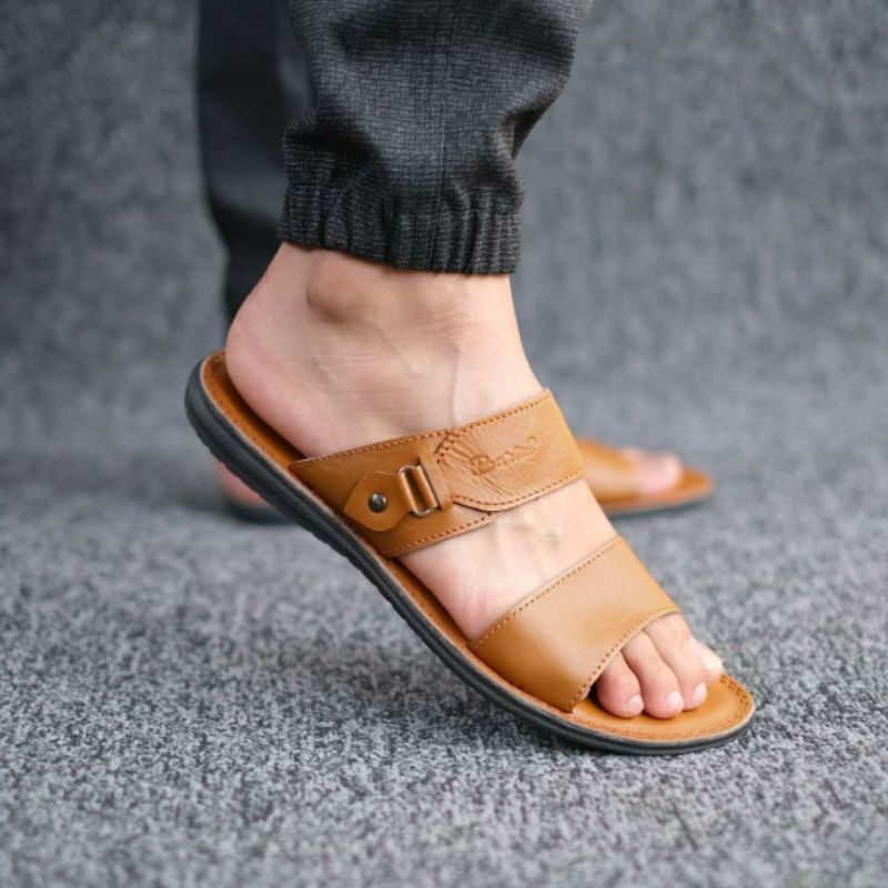 BRLN 005 Tan Sandal Kulit Pria Casual Santai Klasik Sendal Slide Sndal Selop Slop Original Full Kulit Asli