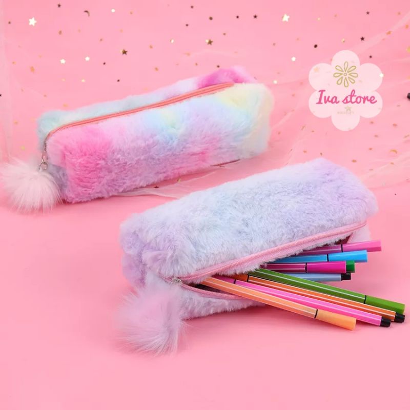 Tempat pensil bulu rainbow