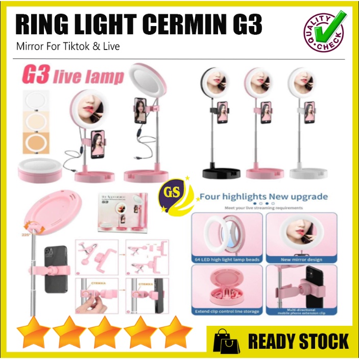 Ring light Cermin G3 Live Tiktok Led Selfie Fill Light and Mirror Kaca Make up lipat Tripod