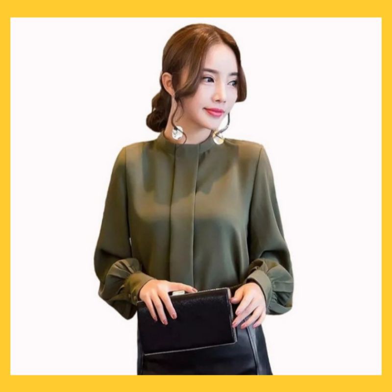 Blouse Wanita Lengan Panjang Variasi Lipatan Baju Atasan Korean Style - HARINA-Hijau