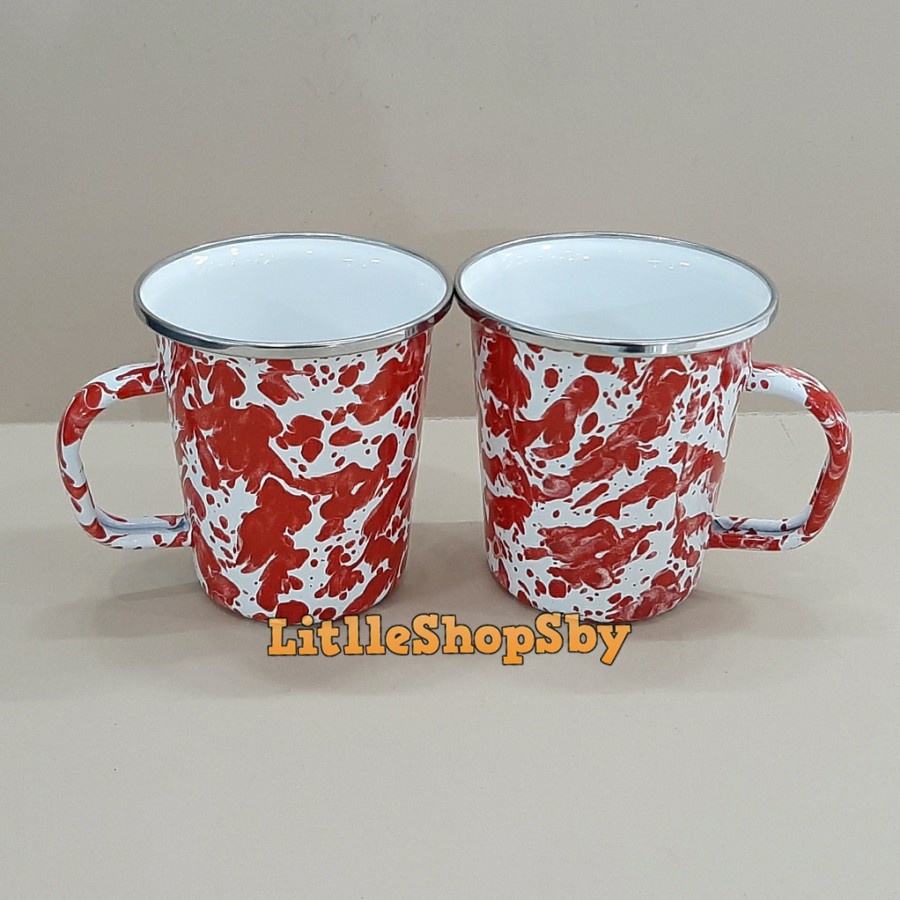 Latte Mug Gelas Cangkir Enamel Merah Blirik Loreng Marble