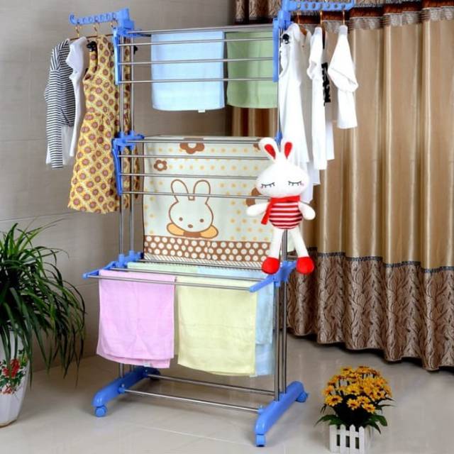 TURUN HARGA Jemuran Baju Lipat Simpel Utk Di Apartement / Jemuran Baju Bayi / Jemuran Korea 3 Susun KOKOH STAINLESS Stand Hanger Lipat Rak Jemuran Jepit Gantungan Handuk 3 Tingkat Jemuran Baju Foldable Clothes Drying Airer Rak jemuran lipat