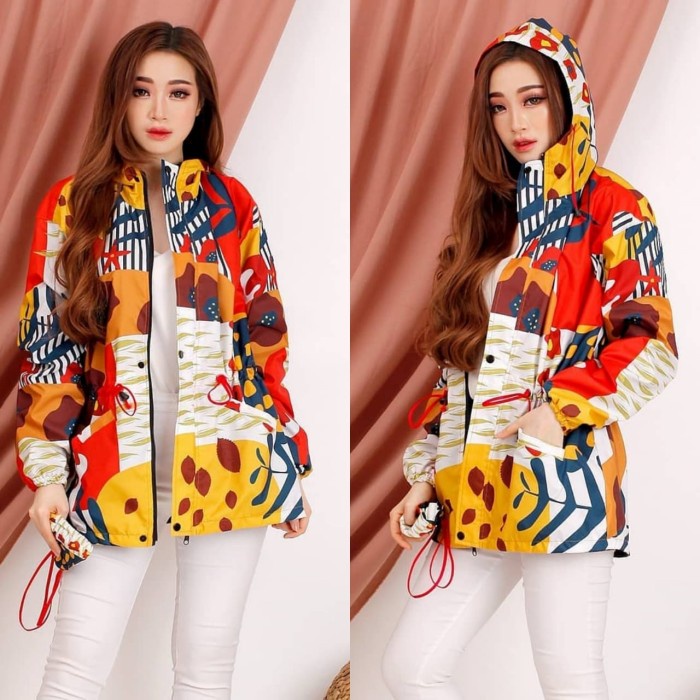 Jaket Wanita jaket wanita printing motif baru - orange putih(S6M8) Jaket Wanita Parasut Jaket Parka 