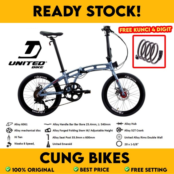 UNITED  nigma 2 SEPEDA LIPAT 20 INCH FOLDING BIKE frame alloy 8 speed niseko