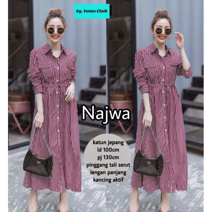 LONG TUNIK GARIS-GARIS KATUN JEPANG LD 110CM PINGGANG SERUT KANCING AKTIF