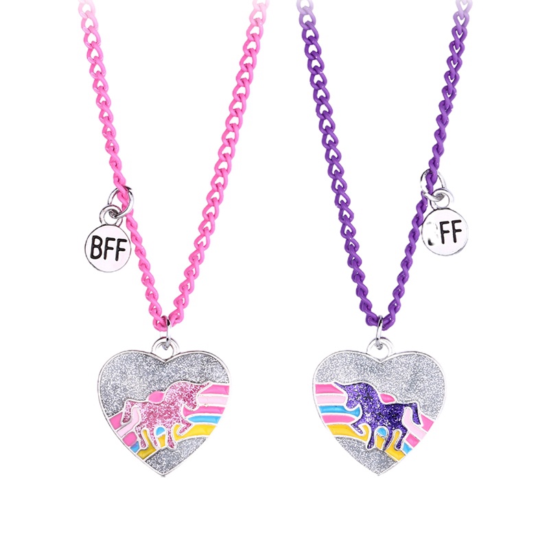 2pcs / Set Kalung Rantai Liontin Hati Unicorn Warna-Warni Untuk Wanita