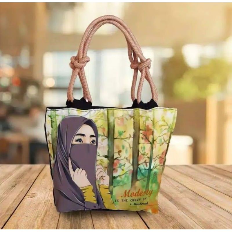 Totebag Kanvas tali sumbu tas wanita motif hijab