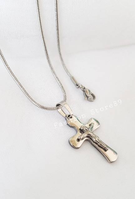 Kalung fashion import salib Jesus titanium white Antikarat ST03 bestquality import bestseller