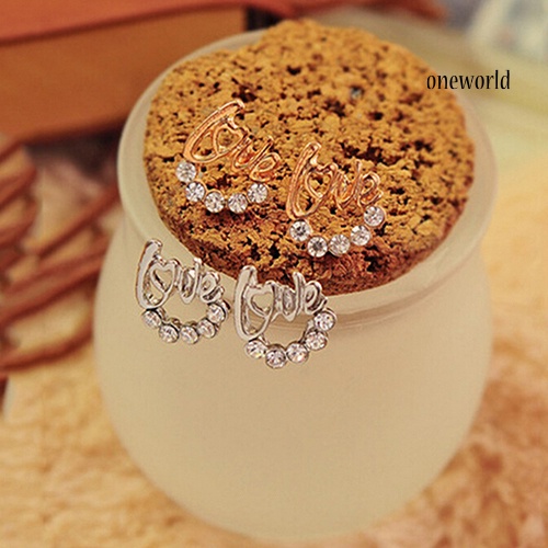 OW@ Fashion Women Elegant Shiny Rhinestone Love Letter Ear Stud Earrings Jewelry