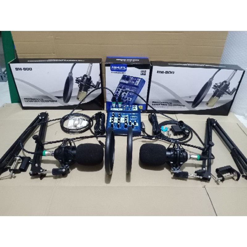 Paket Podcast Ashley 2 orang Mic black spider  Paket Podcast 2 Orang Mixer Ashley FX 402i M