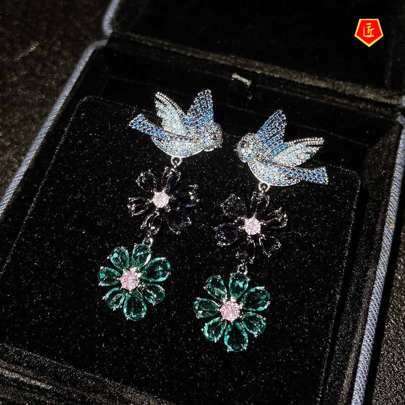 [Ready Stock]Luxury Vintage Flower Full Diamond Bird Earrings