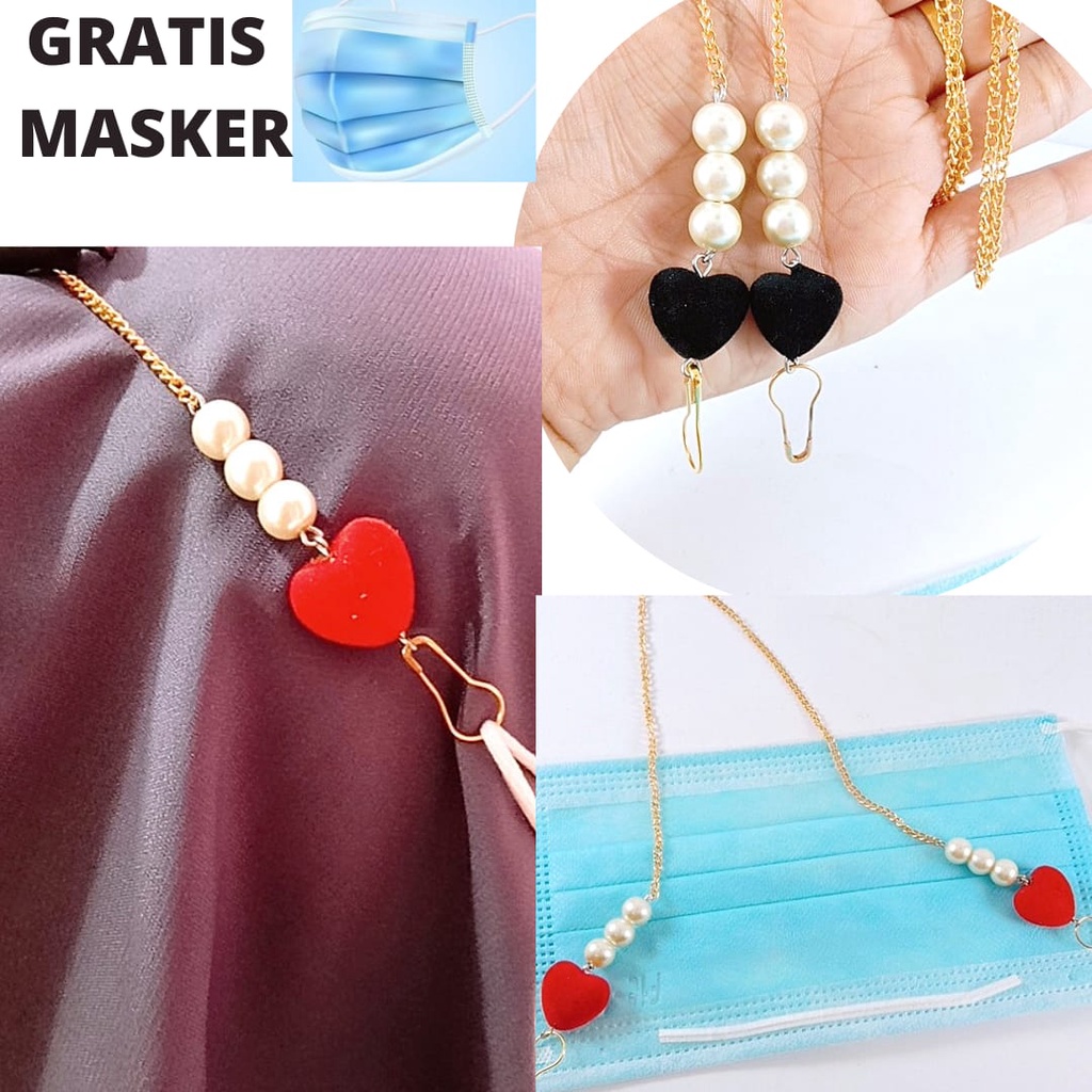 Strap masker mutiara love/kalung masker/lanyard masker kalung masker mutiara LOVE konektor hijab