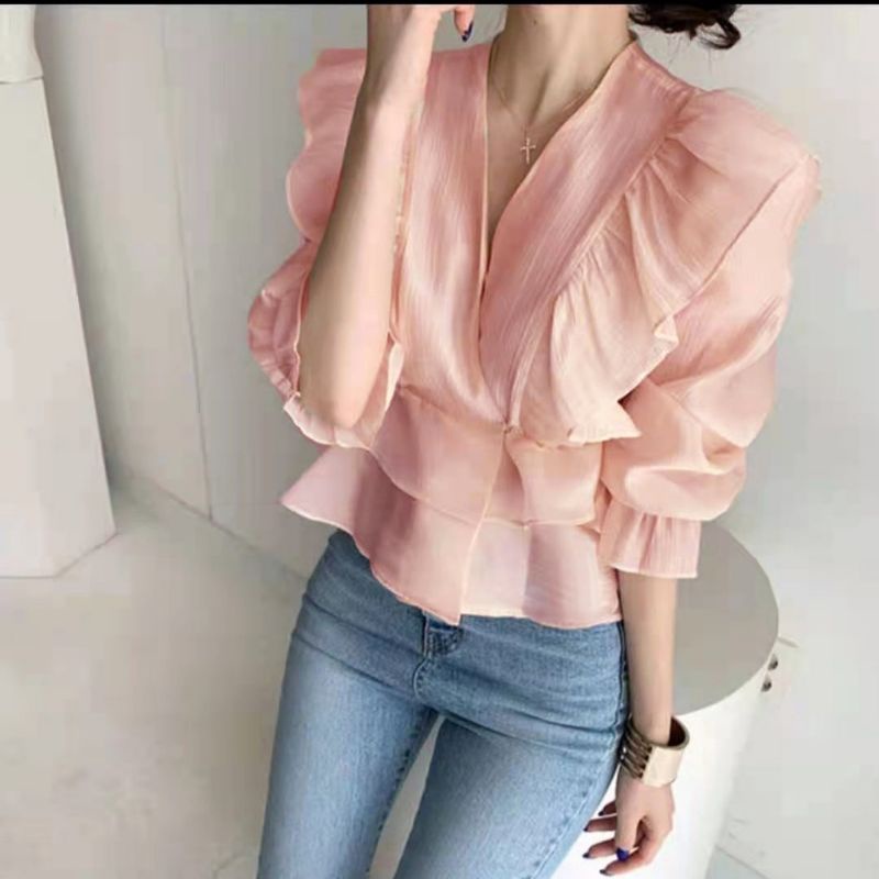 MDLV ~ 2863# Donalda Ruffle Top Blouse Organza Blouse Premium Import Fashion Import