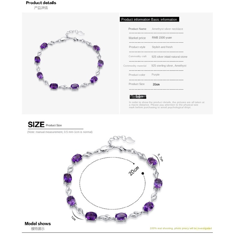 Gelang Amethyst Bahan Stainless Steel 925 Silver Plated Gaya Korea Untuk Wanita