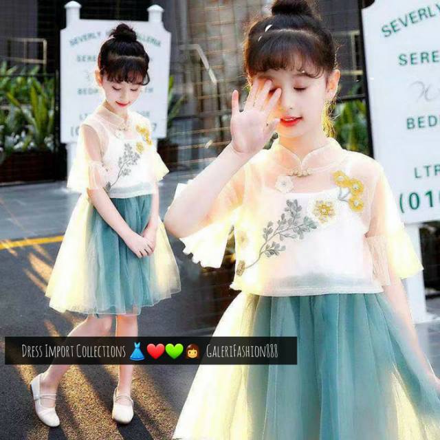 Dress Gaun Anak Import Outer Tile Bordir Kerah Cheongsam Inner Dress Tanktop Putih Rok Tile Mekar Hi