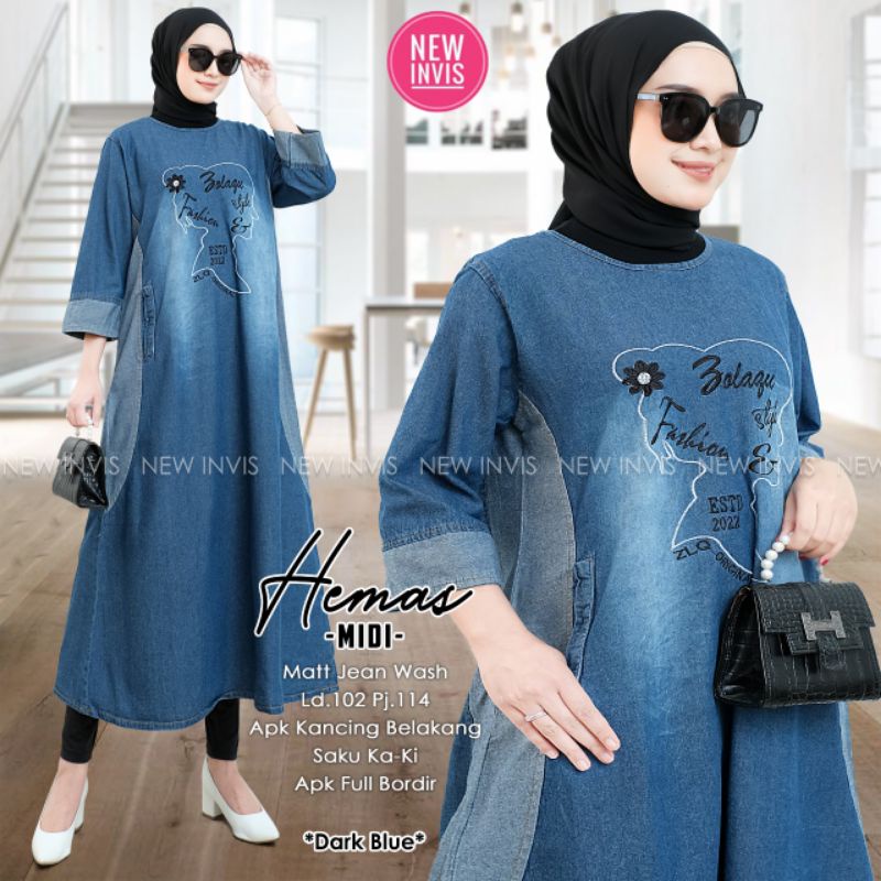 HEMAS MIDI DRESS MAT JEANS WASH LD 102CM PJ 114CM APLIKASI KANCING BELAKANG SAKU KANAN KIRI APK FULL