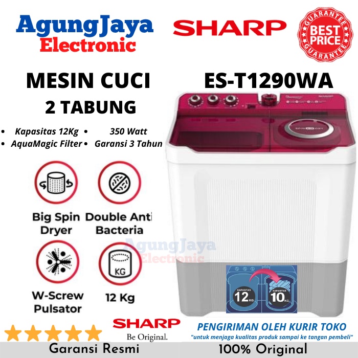 MESIN CUCI SHARP 12 KG ES-T1290 2 TABUNG 12KG AQUAMAGIC LOW WATT (CILEGON-SERANG)