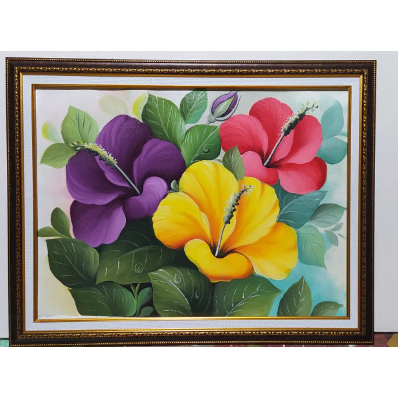 Lukisan bunga sepatu dan lukisan bunga mawar asli buatan tangan