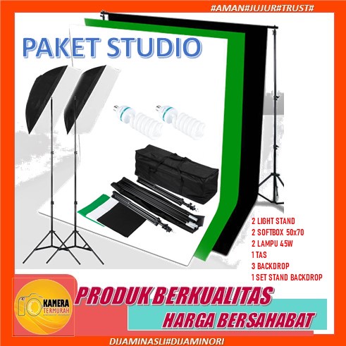Paket Lighting Studio Lengkap dengan 3 Kain Backdrop