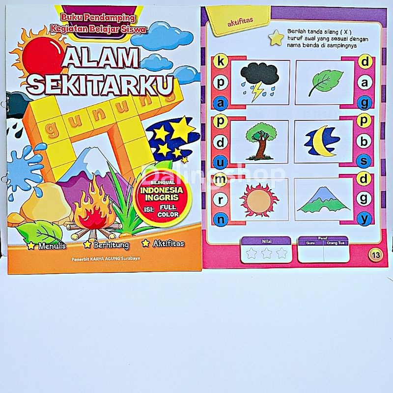 Dalingshop Buku Bilingual Indonesia Inggris Full Color Buku Mewarnai Menulis Berhitung Aktifitas-Alam Sekitarku