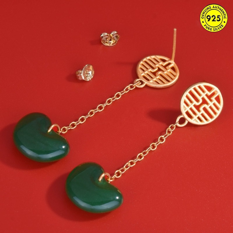 Xi Anting Gantung Panjang Tusuk Motif Geometri Aksen Batu Chalcedony Hijau Untuk Perhiasan Wanita