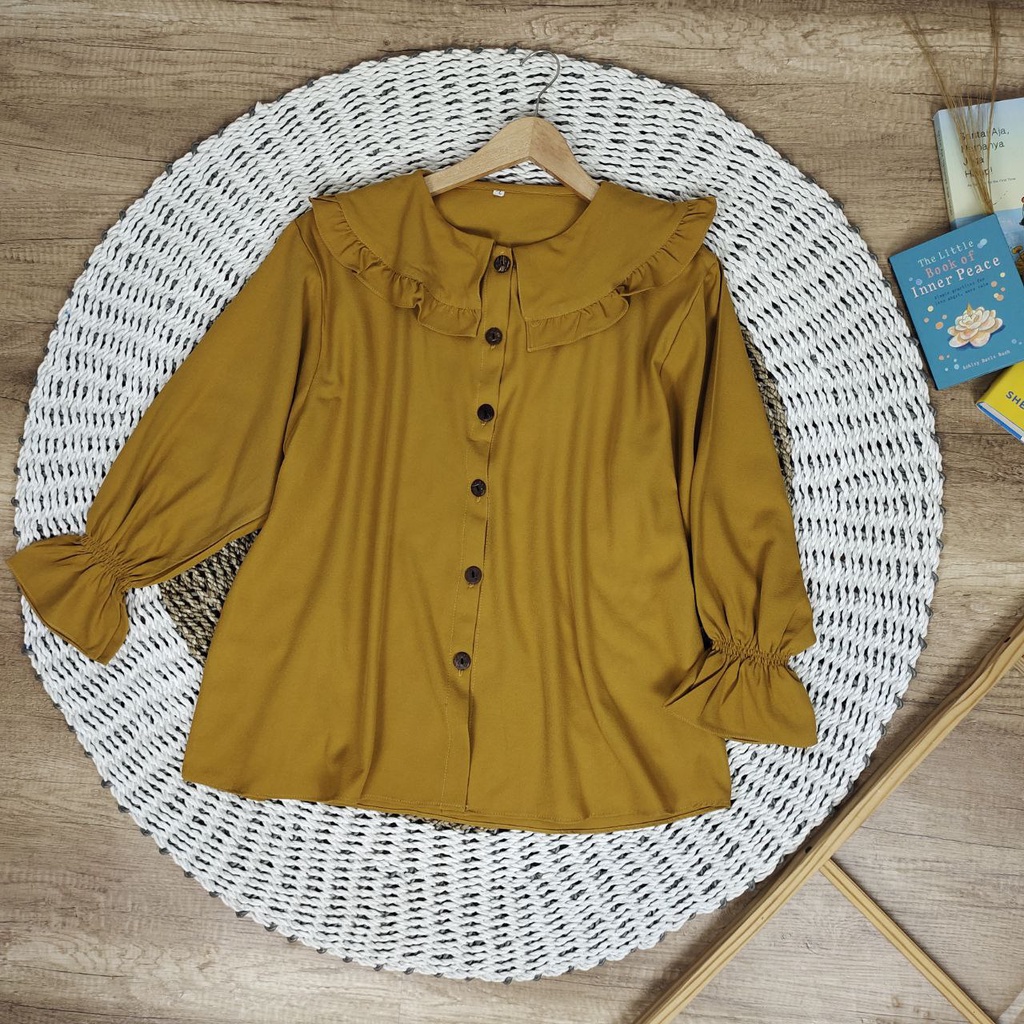 BIANKA BLOUSE  ATASAN JUMBO BIG SIZE OVERSIZE LD 120 130 140 150 BAHAN ITY CREPE (COD)-Mustard