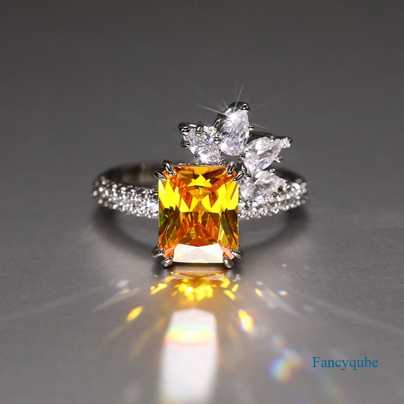 Fancyqube Cincin Cubic Zirconia Bentuk Persegi Warna Kuning Untuk Wanita