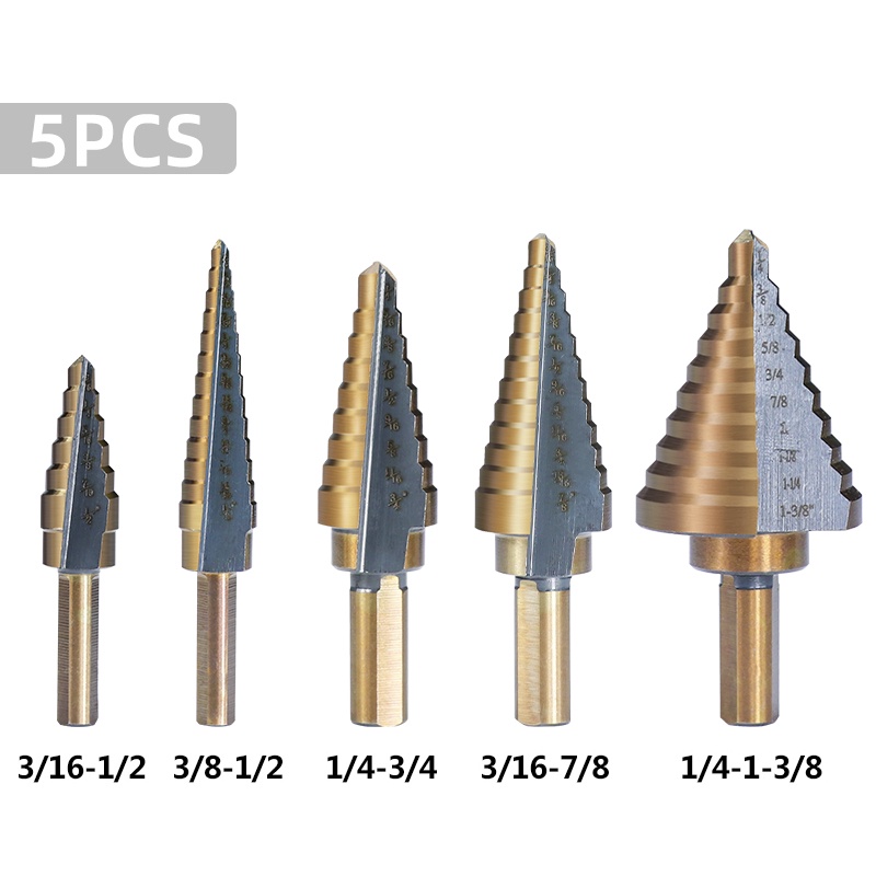 Mata Bor - 5 PCS - untuk melubangi besi, kuningan, kayu, plastik dan lainnya - memiliki marking-marking ukuran sehingga Anda dapat mengetahui ukuran lubang yang diciptakan bor Anda - Material: HSS Titanium - Desain Pagoda Spiral