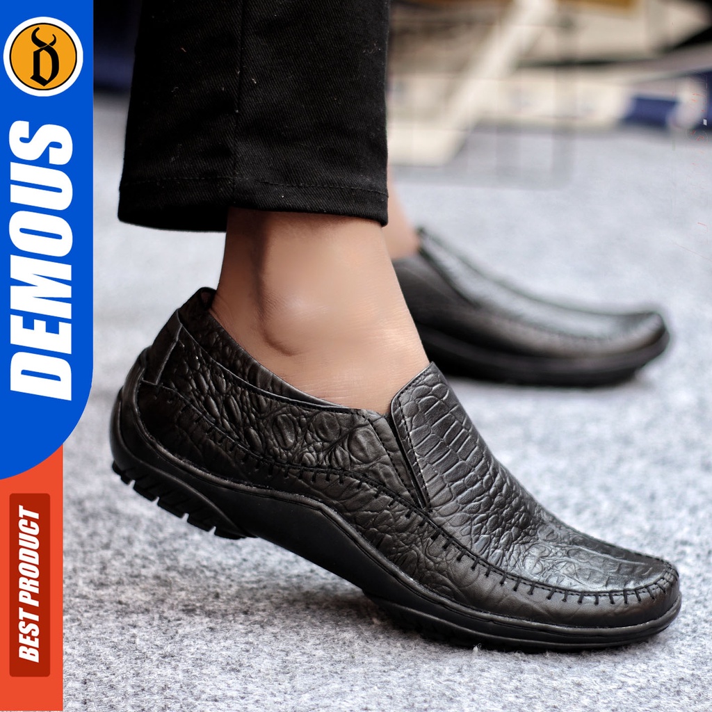 Sepatu Slip On Pria Sepatu Casual Pria Formal Kulit Asli Sepatu Pantofel Kerja Kantor Kuliah Kondangan Sepatu Slop Pria Sepatu Hitam Pria DEMOUS CROCO