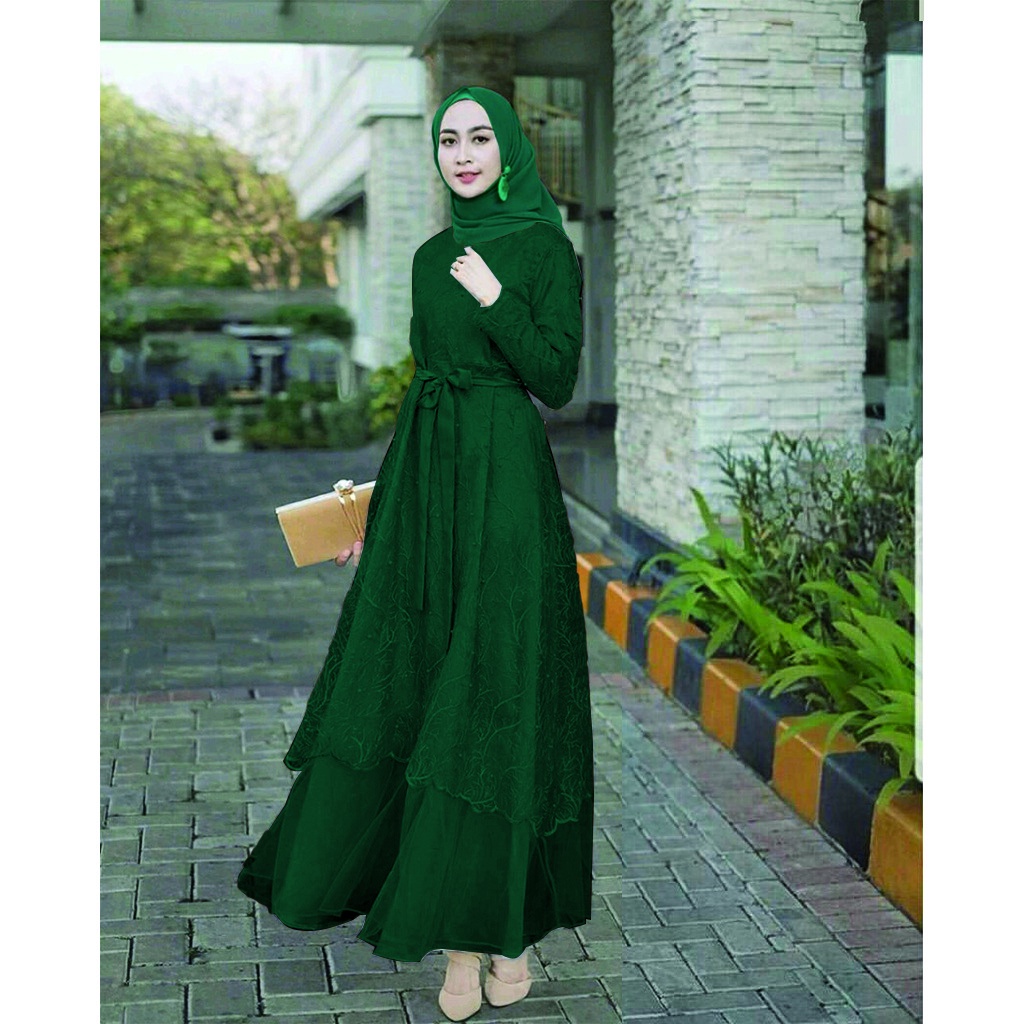 7 WARNA ADA JUMBO & BUSUI Dress Exclusive Brukat Tille Kayla Maxi Dress Aurel Premium Gamis Syari Lebaran Terbaru-HIJAU BOTOL
