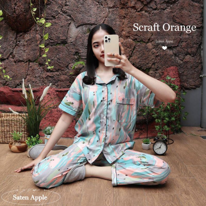 Baju Tidur Piyama Wanita Dewasa Piyama Baju Santai Motif Bunga-Scraft orange