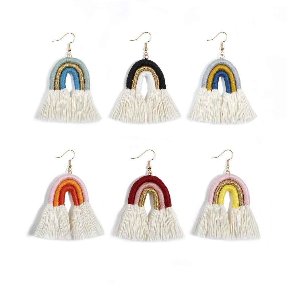 【COD Tangding】6 Colors Rope Tassel Bohemian Earrings Custom Rainbow Hand-woven Vintage Earstuds Jewelry