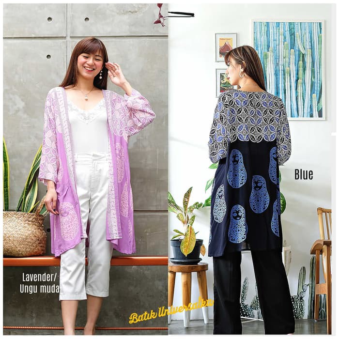 Dijual Long Outer Batik Wanita. Kimono Cardigan - Kawung Boneka Doll - Biru Diskon
