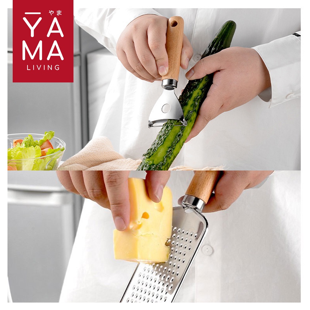 YAMA YUMA Kitchen Utensils Stainless Steel Peeler Buah Sayur Parutan Keju Sendok Es Pengocok Telur Kayu