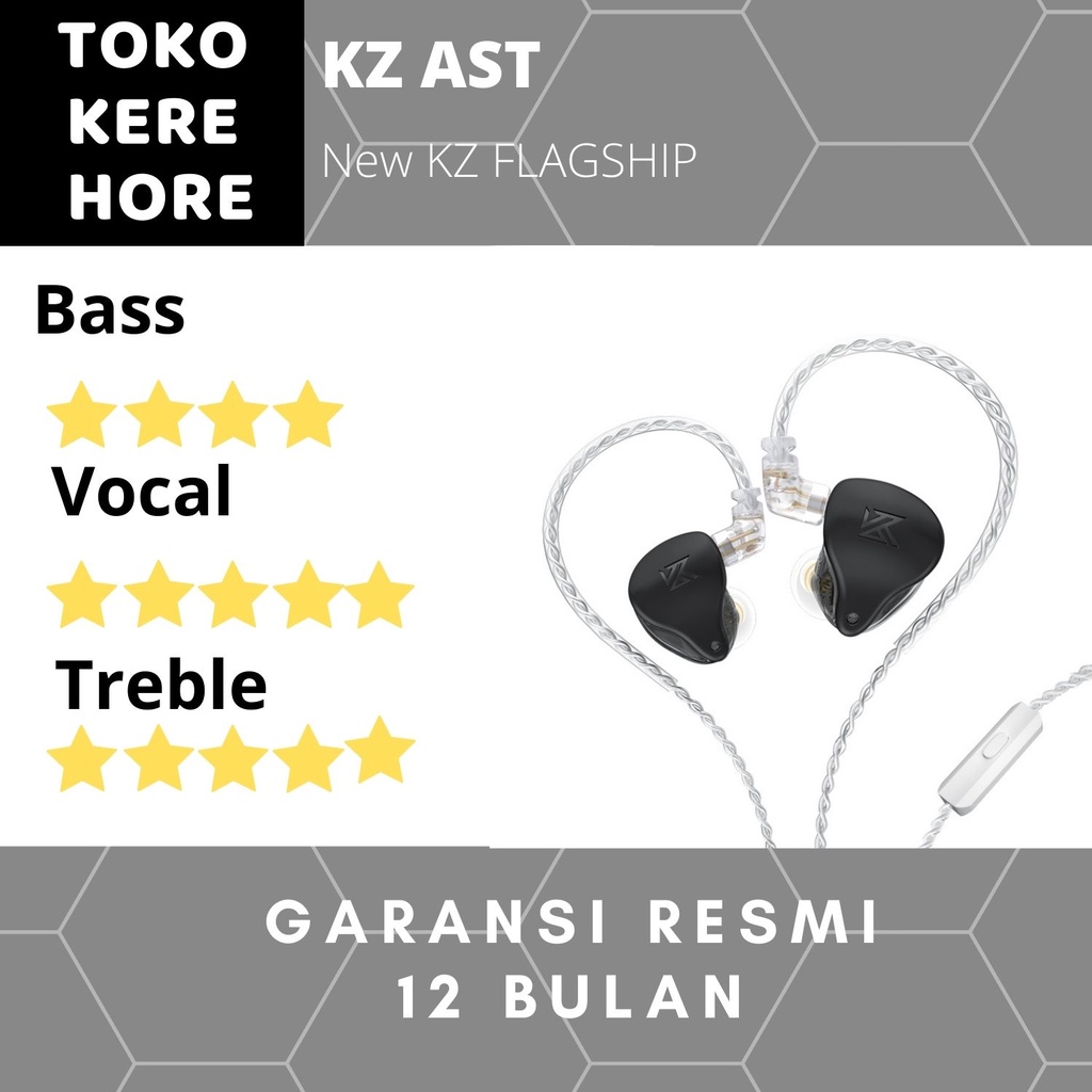 KZ AST In-Ear Monitor 10mm Grafena Driver, Bluetooth 5.2, Baterai 30 Jam, Hitam/Perak