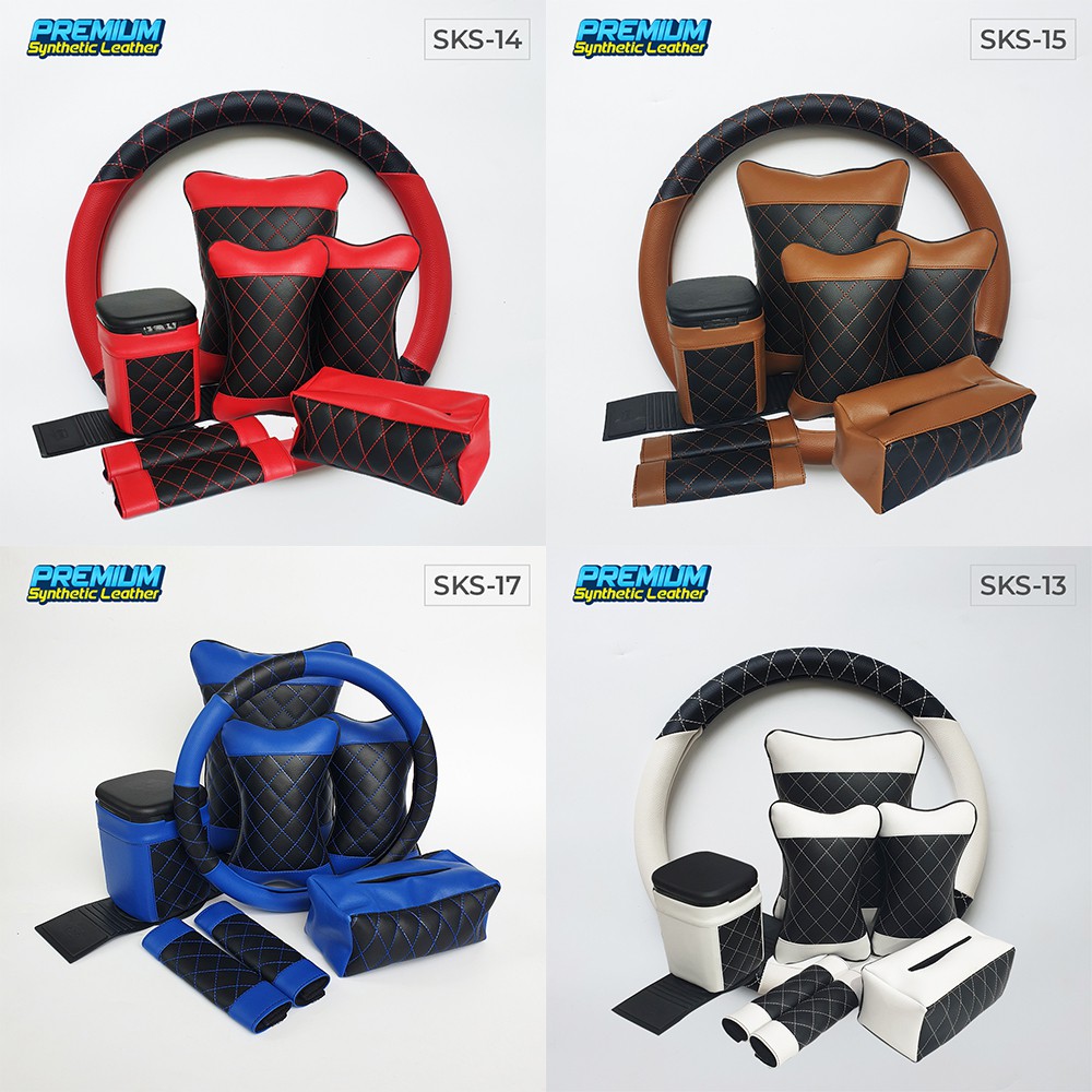 Set Bantal Mobil 5 in 1 plus Sarung Stir Mobil / Bantal Headrest Mobil